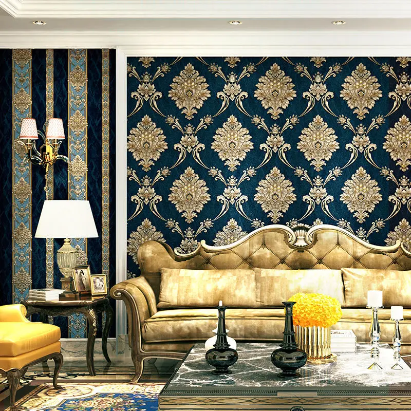 유럽 스타일 블루 다마스크 3D PVC 엠보싱 벽지 고 - Luxury Lifestyle Wallpaper 리뷰 및 가격
